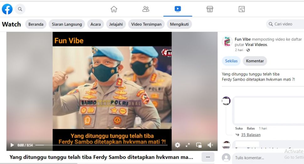 Unggahan yang mengklaim Ferdy Sambo sudah divonis hukuman mati. (Facebook/Fun Vibe)