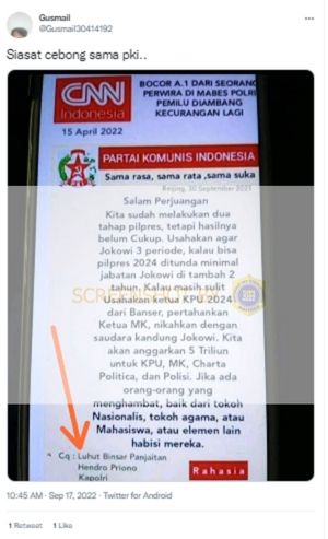 Unggahan yang klaim PKI anggarkan dana Rp5 triliun untuk Jokowi 3 periode. (Turnbackhoax.id)