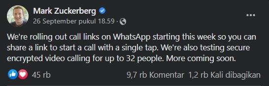 Postingan Mark Zuckerberg, fitur baru WhatsApp menguji video obrolan dengan 32 orang. [Facebook]