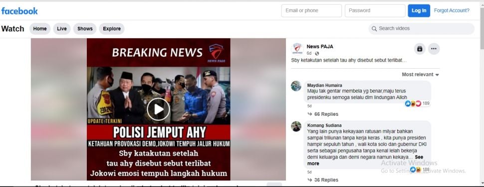 Unggahan akun News PAJA klaim AHY dijemput polisi. (Facebook)