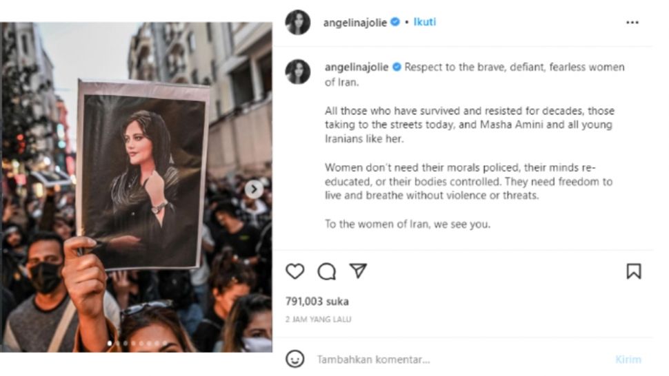 Angelina Jolie tunjukkan dukungan melalui unggahan instagram (instagram/@angelinajolie)