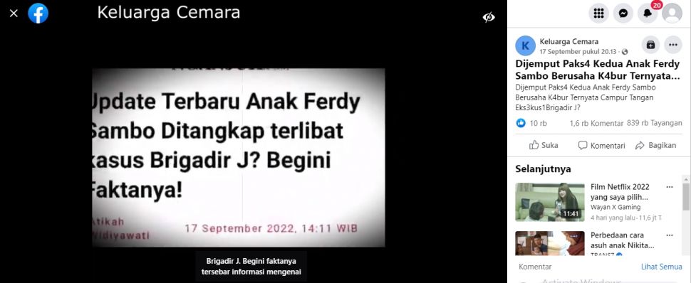 Unggahan yang mengklaim anak Ferdy Sambo coba kabur gegara terlibat dalam kasus kematian Brigadir J. (Facebook/Keluarga Cemara)