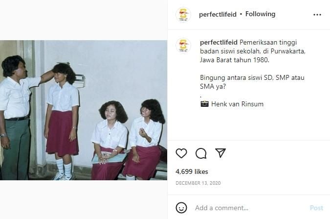 Foto siswi sekolah di Purwakarta tahun 1980. (instagram/perfectlifeid)