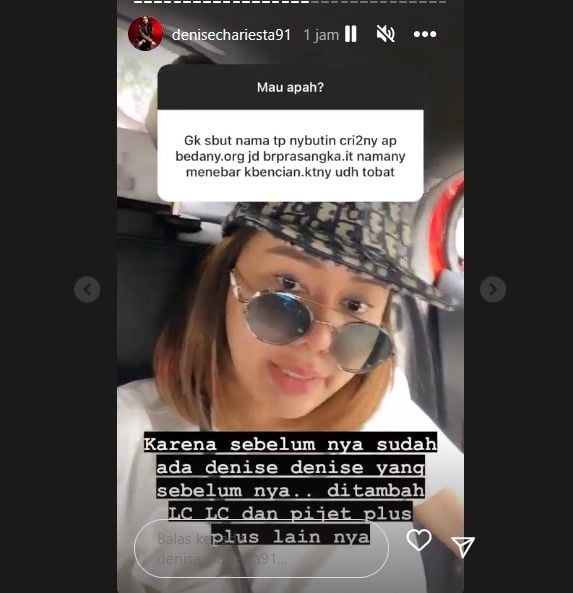 Denise Chariesta ungkap alasan mengapa ia membongkar ciri-ciri mantan kekasihnya, yang merupakan istri seorang artis terkenal. [Instagram]