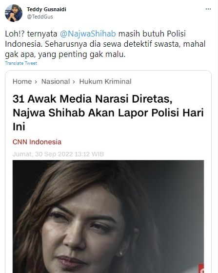 Cuitan Teddy Gusnaidi sindir Najwa Shihab berujung dihujat warganet. (Twitter/TeddGus)