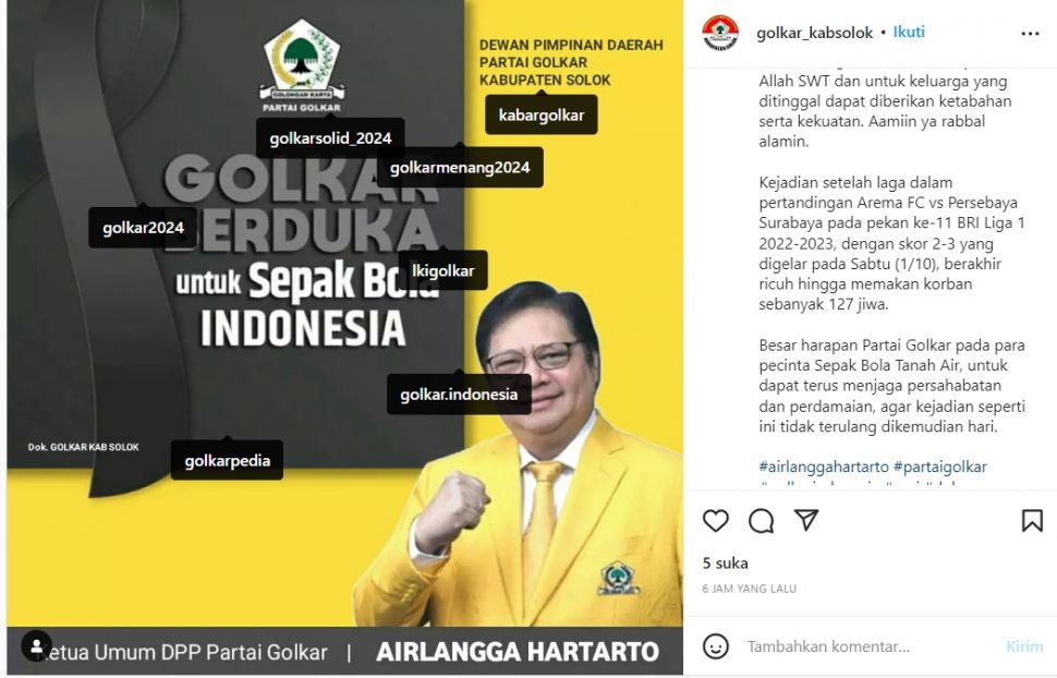 Tangkapan layar unggahan akun Instagram @golkar_kabsolok yang mengundang kritikan publik (Instagram/ golkar_kabsolok )