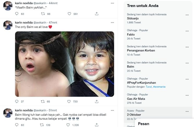 Awkarin mengkritik Baim Wong usai konten prank KDRT Paula Verhoeven viral (credit: Twitter/@awkarin)