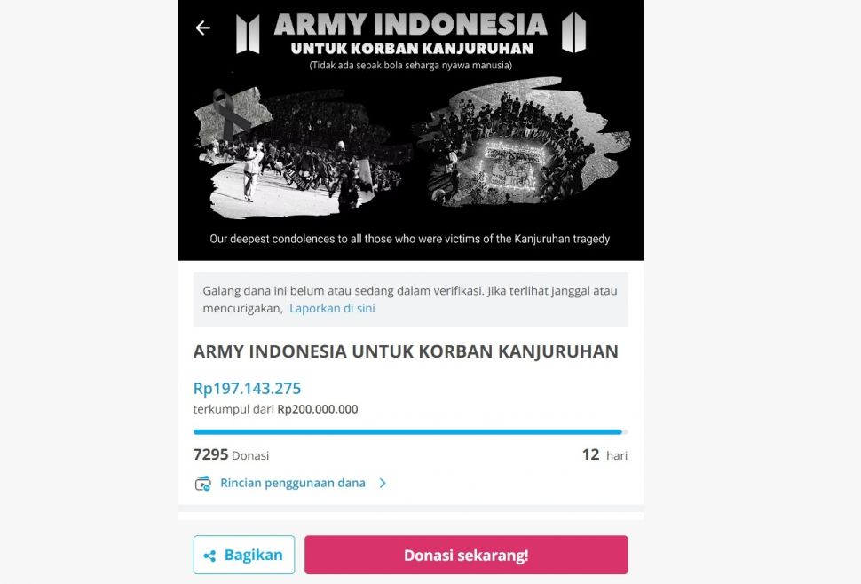 Tangkapan layar open donasi korban tragedi Kanjuruhan oleh ARMY (Kitabisa.com)