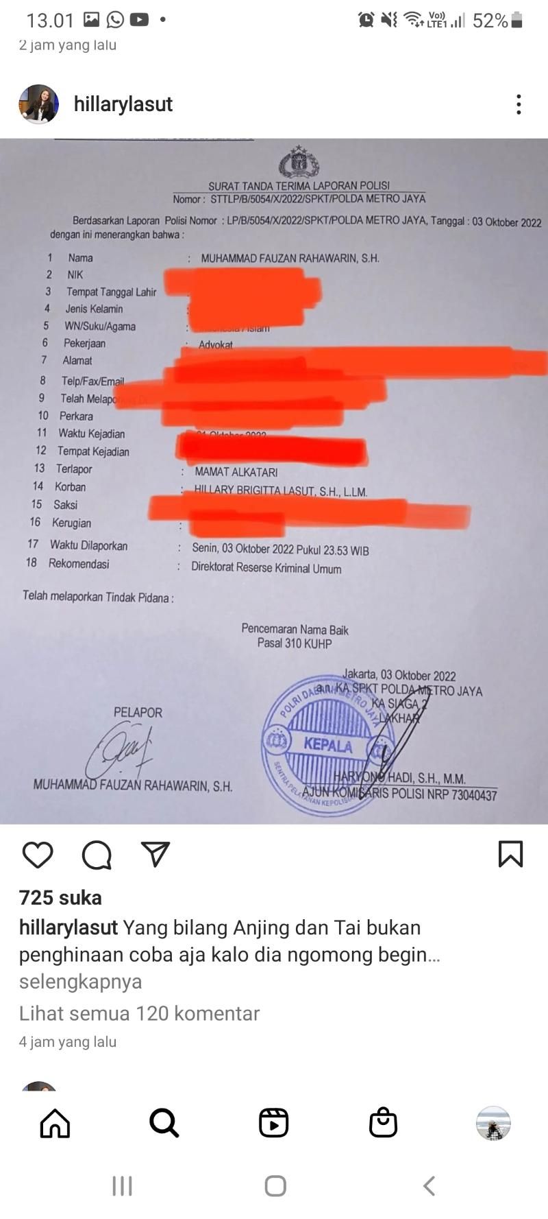 Bukti laporan Anggota DPR Hillary Brigitta Lasut kasus pencemaraan nama baik yang diduga dilakukan Komika Mamat Alkatiri. (tangkapan layar/Instagram)