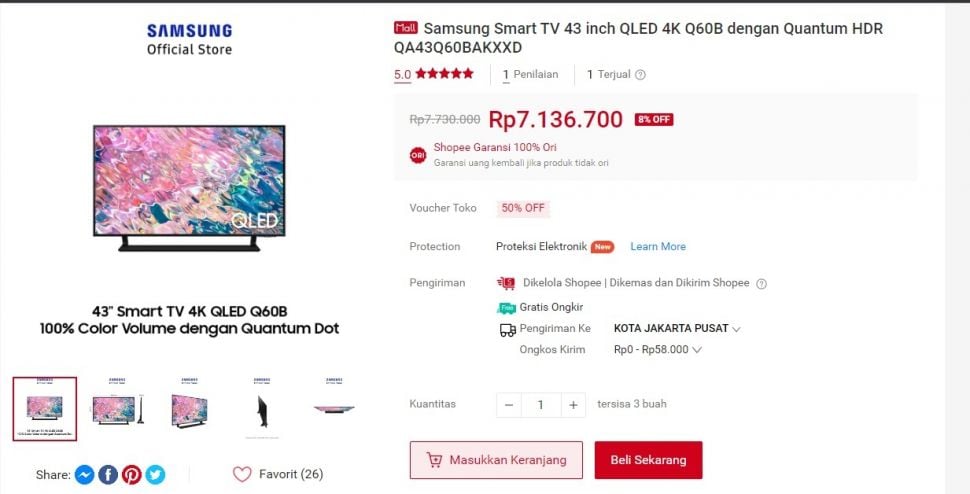 Televisi 43 inch Samsung. (Dok: Shopee)