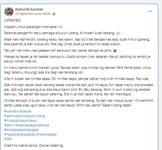 pengantin tak mau bayar katering Rp85,2 juta (Facebook Komuniti Kuantan)