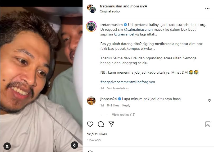 Potret Tretan Muslim dan Dustin Tiffani Jadi Kado Pacar Salmafina Sunan. (Instagram/greivancel)