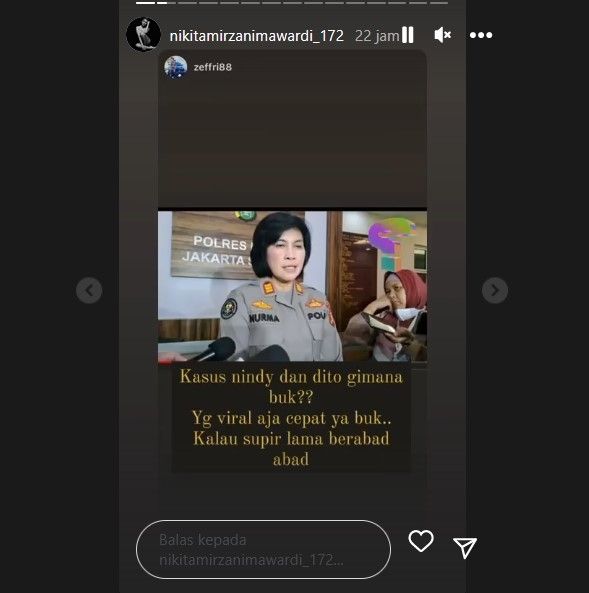 Nikita Mirzani protes karena menganggap polisi lebih mendahulukan kasus Lesti Kejora daripada kasus Nindy Ayunda yang diduga menyekap mantan sopirnya. [Instagram]