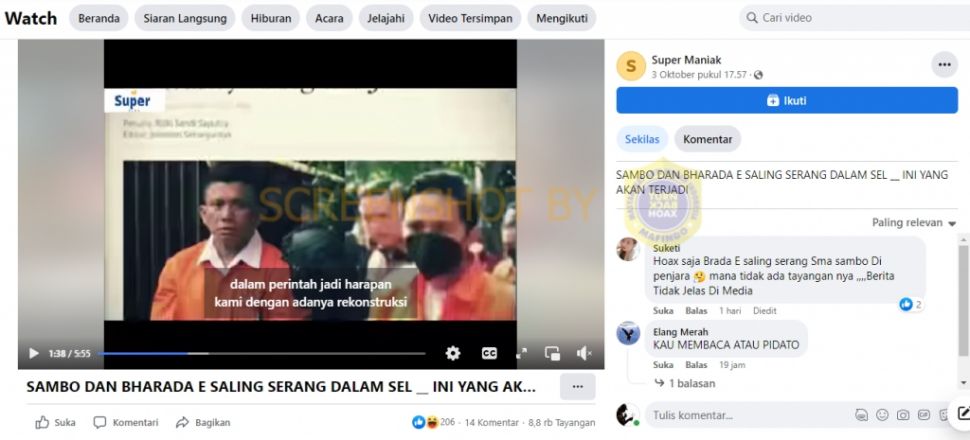 Unggahan yang mengklaim Ferdy Sambo dan Bharada E saling serang di sel. (Turnbackhoax.id)