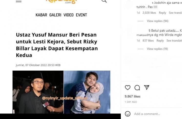 Wirda Mansur dan Rizky Billar Dijodoh-jodohin. [Instagram/nyinyir_update_official]