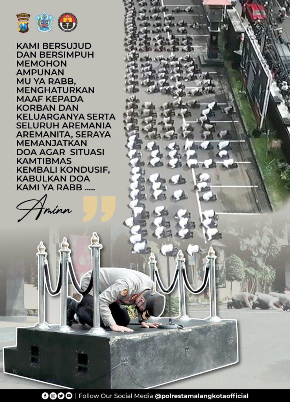 Melalui akun twitter @polrestamakota, Polres Malang Kota menyampaikan permohonan maaf terkait tragedi Kanjuruhan yang menewaskan 131 orang. ( @polrestamakota)