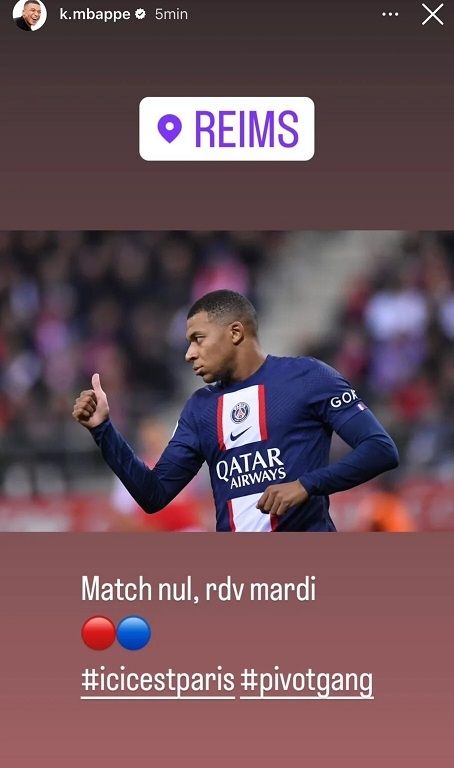 Unggahan story penyerang Paris Saint-Germain (PSG), Kylian Mbappe di Instagram. [Instagram/@k.mbappe]