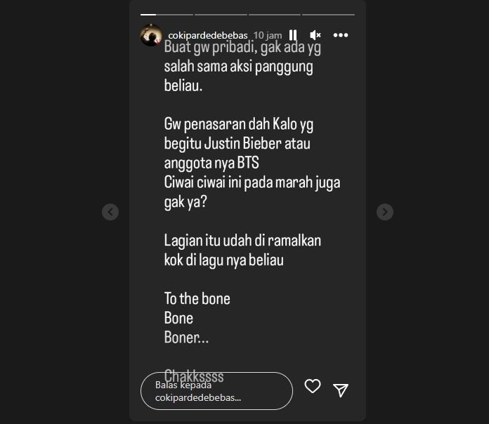 Coki Pardede ikut berkomentar soal Pamungkas, yang bikin heboh menggesekkan ponsel ke penggemarnya ke bagian intimnya. [Instagram]