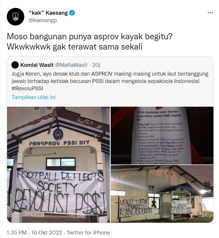 Kantor Asosiasi Provinsi (Asprov) PSSI Yogyakarta tengah jadi sorotan publik di media sosial, Kaesang Pangarep pun ikut memberikan kritikan. [Twitter]