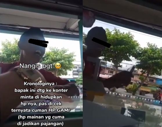 Bapak-bapak tetap senyum meski kena tipu HP pajangan toko. (Instagram/berita_gosip)