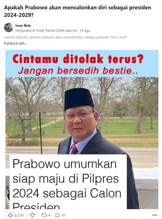 Diskusi soal Prabowo Subianto maju sebagai capres pada Pilpres 2024 (Quora)