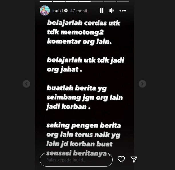 Inul Daratista akhirnya memberikan tanggapan terkait tudingan dirinya melegalkan KDRT. [Instagram Story]