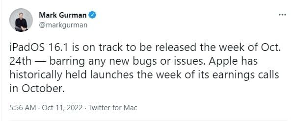 Bocoran peluncuran iPadOS 16.1. [Twitter]