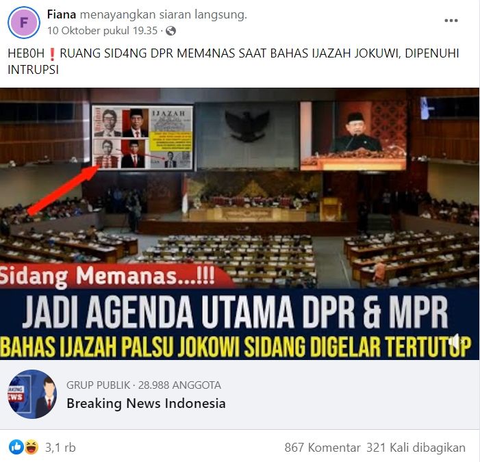 Video dengan klaim sidang DPR bahas ijazah Jokowi yang diklaim palsu (Facebook/ Fiana)