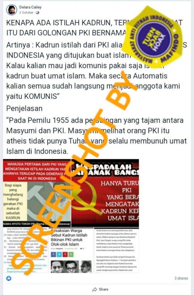 Unggahan yang mengklaim istilah kadrun dicetuskan oleh anggota PKI. (Turnbackhoax.id)