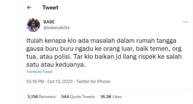 Cuitan Babe Cabita diduga sindir Lesti Kejora yang mencabut laporan KDRT. 