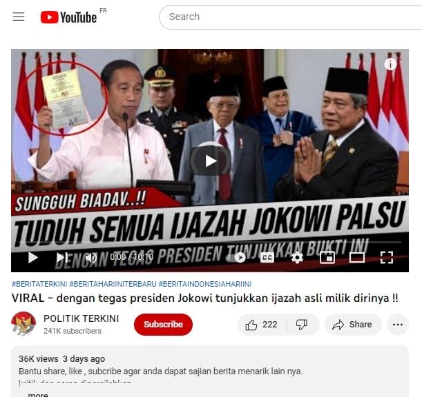 Unggahan yang mengklaim Jokowi pamerkan ijazah aslinya. (Turnbackhoax.id)