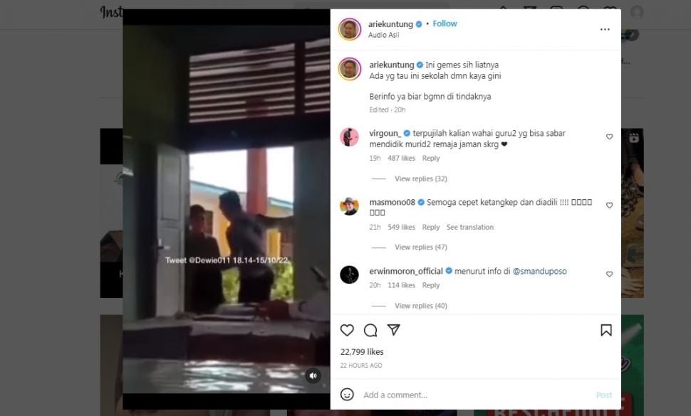 Unggahan Arie Untung soal guru aniaya siswa.