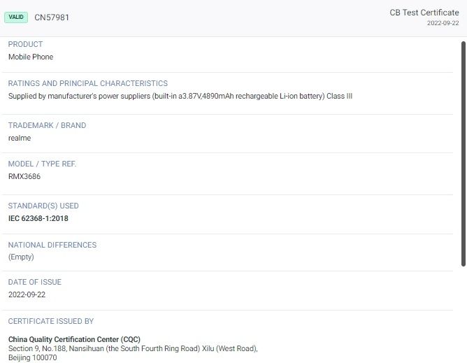 Sertifikat baterai Realme 10 Pro+. [Certificates.iecee.org]