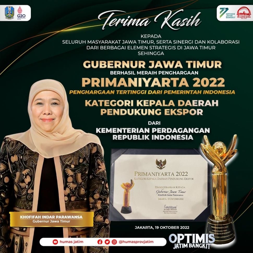 Gubernur Khofifah Terima Penghargaan Primaniyarta, Anugerah Tertinggi Pemerintah untuk Eksportir dan Kepala Daerah Pendukung Ekspor Paling Berprestasi. (Dok: Pemprov Jatim)