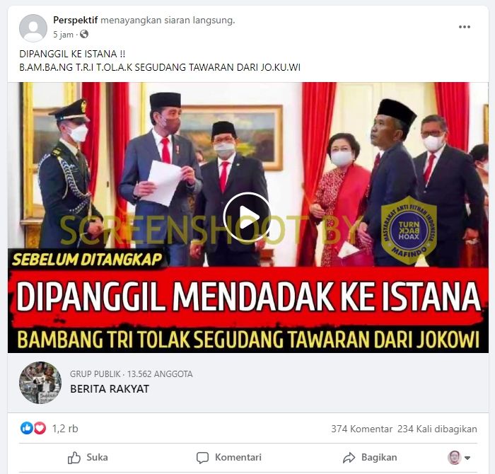 Unggahan yang mengklaim Bambang Tri menolak tawaran dari Jokowi saat dipanggil ke istana. (Turnbackhoax.id)