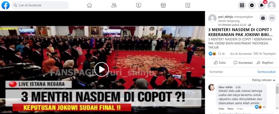 Unggahan yang mengklaim Jokowi reshuffle kabinet dan copot menteri dari NasDem. (Facebook/yuri_shinju)