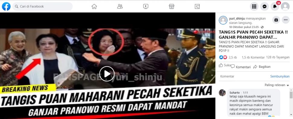 Unggahan yang mengklaim PDI-P berikan mandat ke Ganjar jadi capres sampai buat Puan menangis. (Facebook/yuri_shinju)