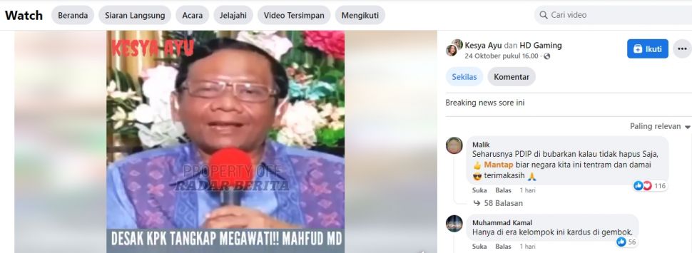 Unggahan yang mengklaim Mahfud mendesak KPK untuk menangkap Megawati. (Facebook/Kesya Ayu)