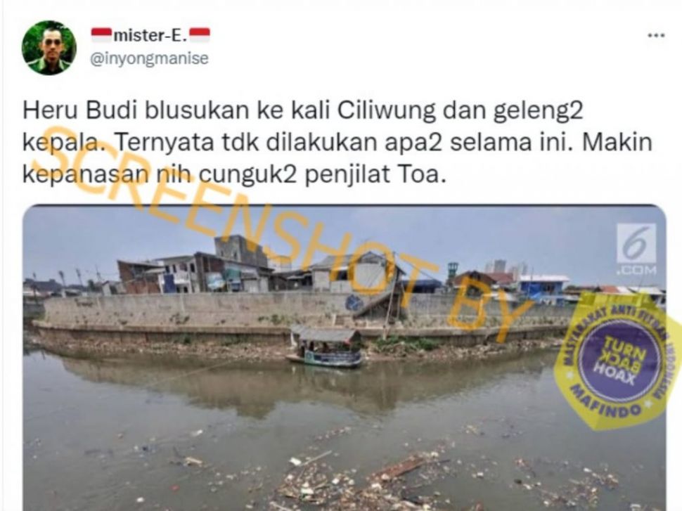 Cuitan yang mengklaim Heru Budi geleng-geleng kepala usai blusukan ke sungai Ciliwung. (Turnbackhoax.id)