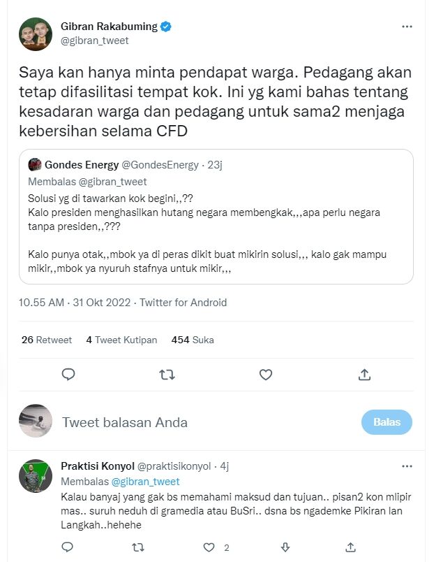 Tangkapan layar cuitan Gibran soal CFD tanpa pedagang (Twitter/ gibran_tweet)