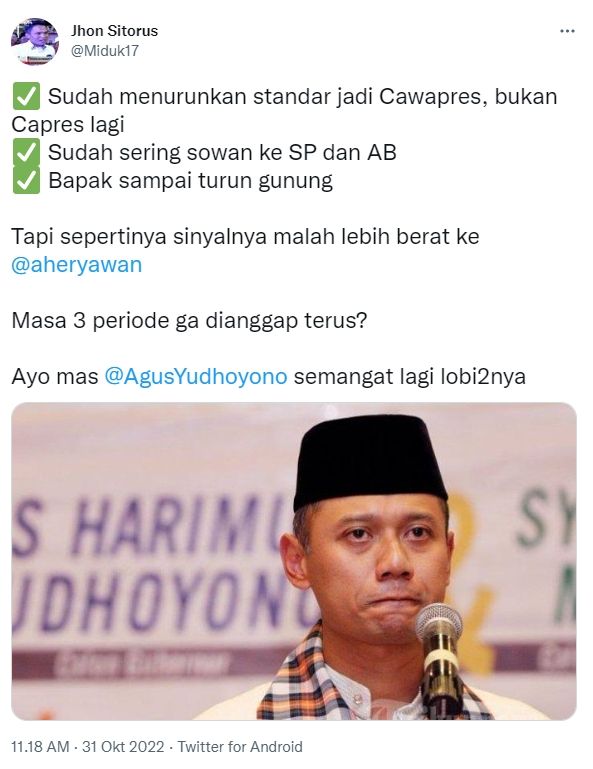 Tangkapan layar cuitan Jhon Sitorus soal AHY (Twitter/ Miduk17)