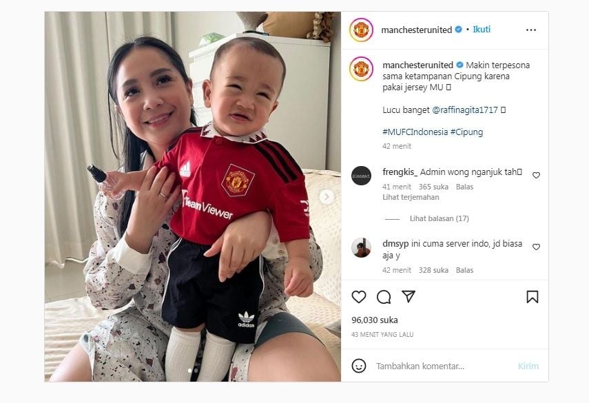 Akun Instagram MU unggah foto Rayyanza putra Raffi Ahmad. 