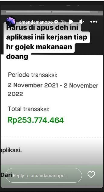 Total transaksi Amanda Manopo untuk jajan online (Instastory @/amandamanopo)