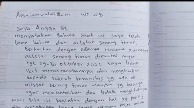 Viral Surat Pernyataan yang disebut ditulis dan dibacakan oleh Eks Geng Allstar yang meminta rekan-rekannya membatalkan aksi perayaan di Anyer. [IST]