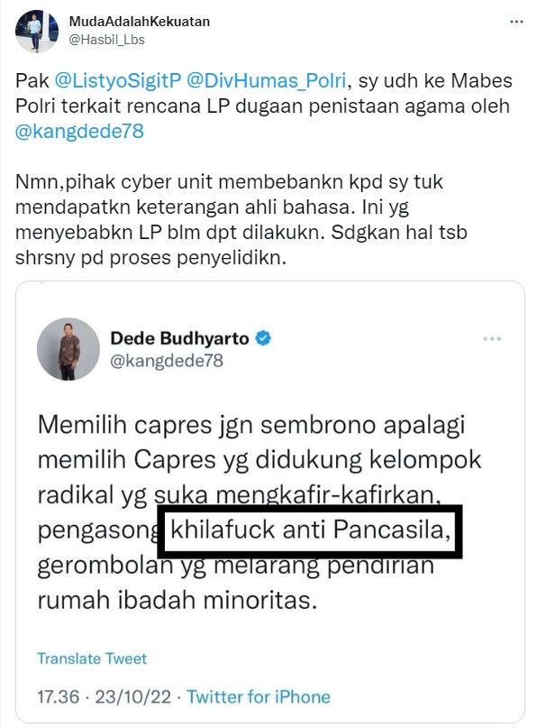 Tangkapan layar cuitan Hasbil M soal pelaporannya kepada Dede Budhyarto (Twtter/ Hasbil M)