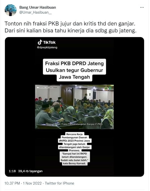 Cuitan Umar soal Ganjar Pranowo (Twitter/ Umar_Hasibuan__)