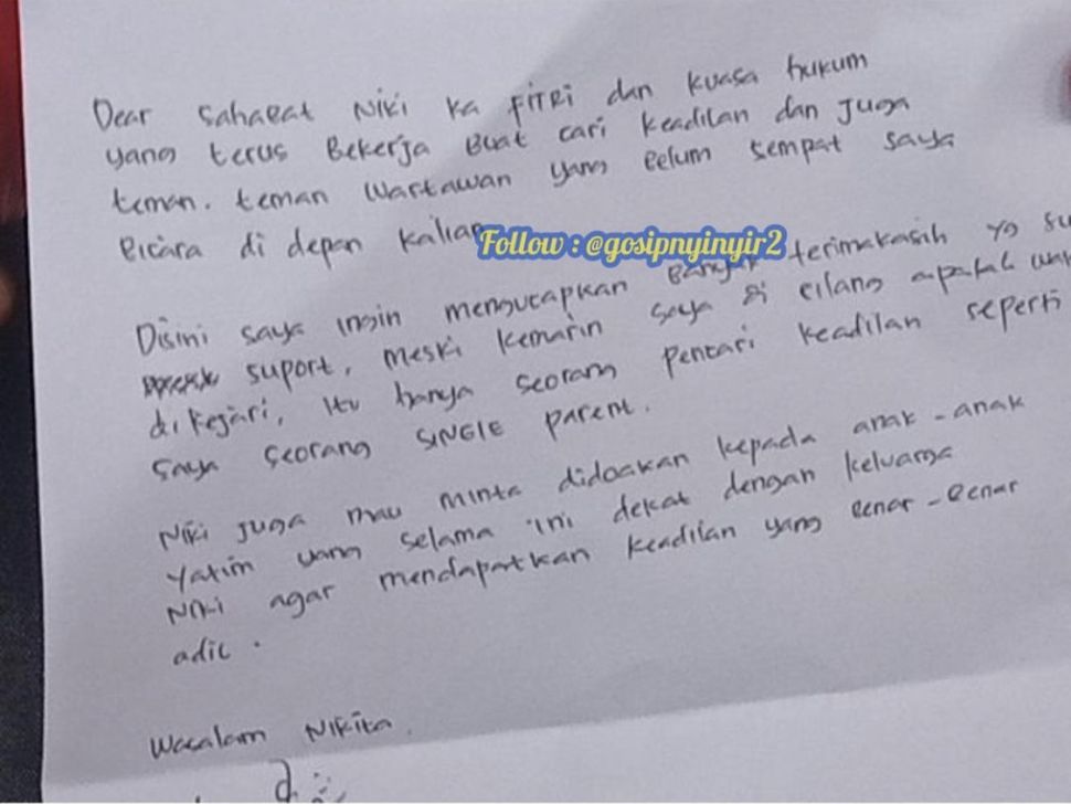 Nikita Mirzani tulis surat cari keadilan dan minta didoakan anak yatim. [Instagram/@gosipnyinyir2]