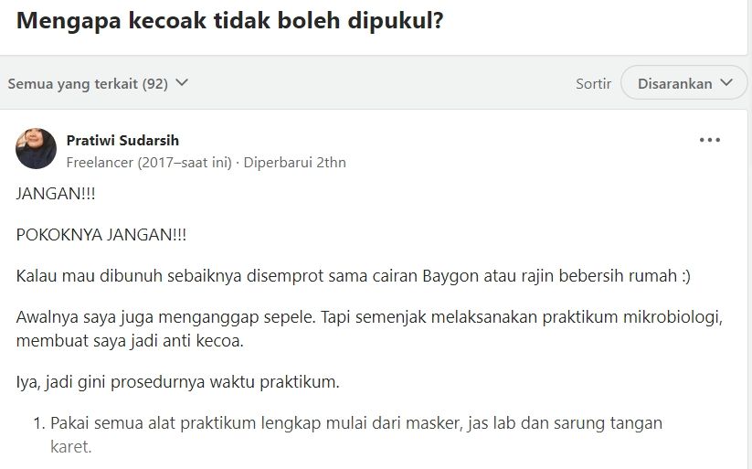 Mengapa kecoak tidak boleh dipukul jadi pembahasan netizen. (Dok. Quora)