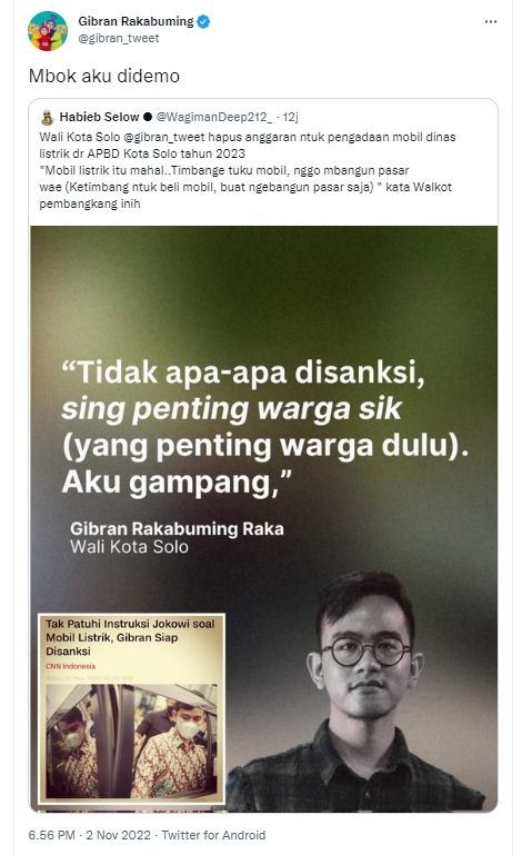 Tangkapan layar cuitan Gibran minta didemo (Twitter/ gibran_tweet)