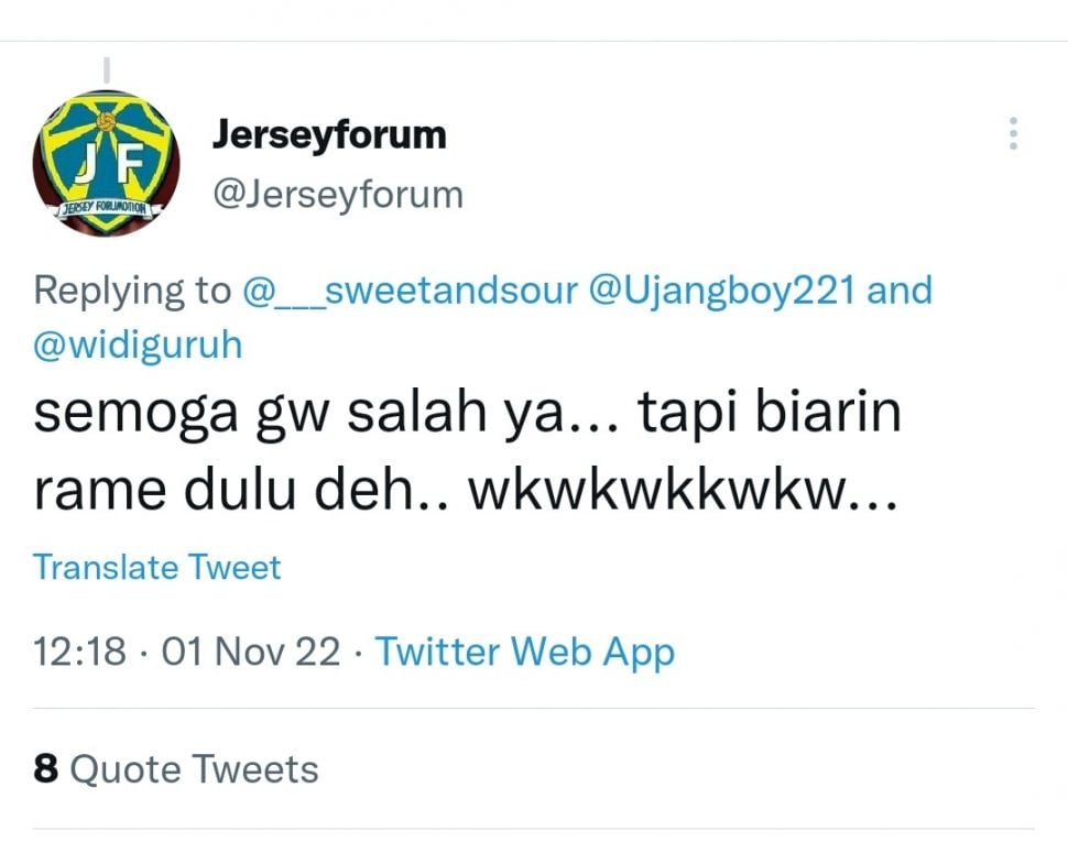 akun twitter tuduh Rayyanza Cipung pakai jersey palsu alias jersey KW. (Dok. Twitter/Jerseyforum)